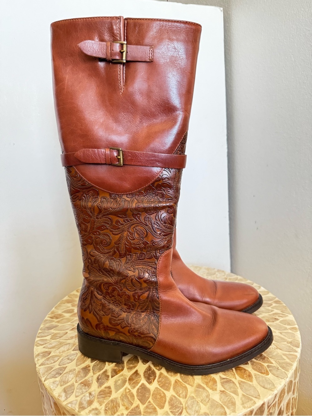 Johnston & Murphy Lyla Brown Embossed Floral Leather Tall Boots size 6.5M
